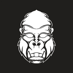 Gorilla head mascot icon with aggressive expression monochrome style vector illustration isolated on black background