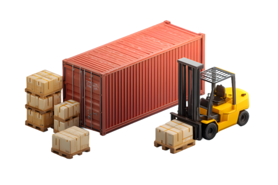 Isometric View of Forklift Loading Cargo Boxes into a Shipping Container