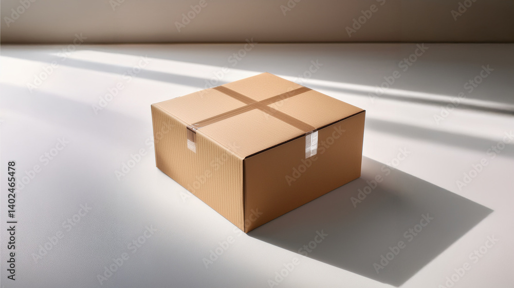 Poster a closed cardboard box is placed on a white surface, sealed with clear tape forming a cross pattern.