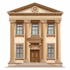 Obraz premium Realistic vector illustration of a classical bank building with columns and a wooden door, front view on a white background.