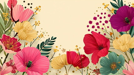 Vector illustration of colorful flowers and leaves on a beige background. With copy space in the middle Invitation card, greeting or banner for social media. 