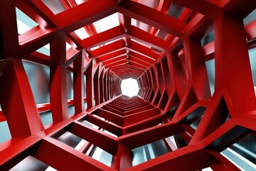 Fototapeta premium Looking Up Through A Red Geometric Abstract Architectural Tunnel