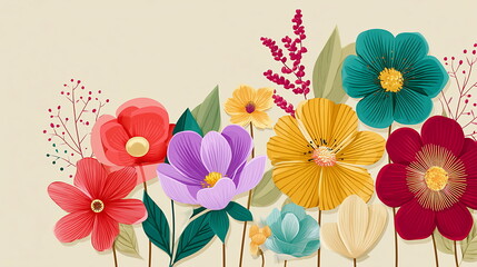 Colorful flat vector illustration of various flowers on a beige background. Design for a greeting, wedding card, poster, or banner. Copy space.