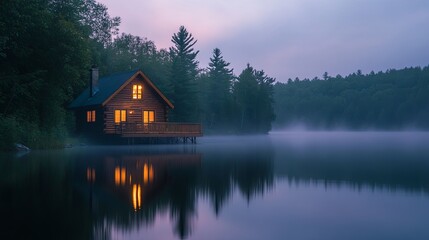 Fototapeta premium A quiet lakeside cabin at twilight, soft reflections in the water and muted pastel skies. pic