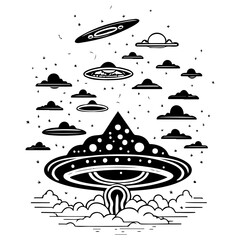 Monochrome Mystical UFO Fleet in Celestial Pattern