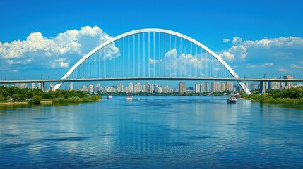 Fototapeta premium Modern Arch Bridge Spanning River, Cityscape Background