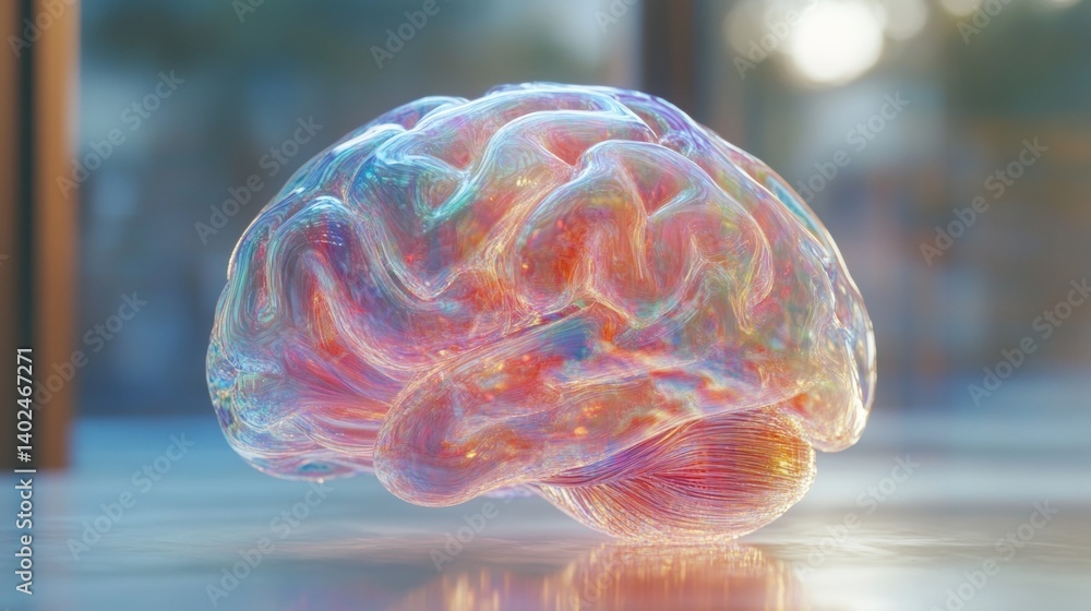 Poster a striking 3d model of a brain glows with iridescent colors, placed on a table and illuminated by so