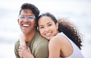 Couple, beach and portrait vacation together, seaside trip and smile for travel or peace for summer break. Romantic, nature and ocean date or adventure, quality time and relax for outdoor love