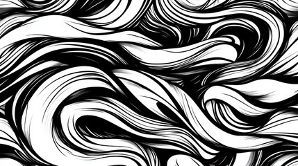 A modern seamless pattern featuring wavy and swirled brush strokes, adorned with bold curved lines and squiggles, forming a seamless horizontal banner with doodle-like lines, in black and white illus