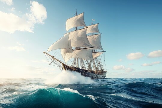 A tall ship sailing in the ocean on a sunny day - Powered by Adobe