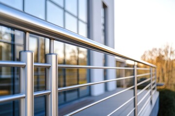 A stainless steel handrail featuring cables provides safety and modern aesthetic to the outdoor area, complementing the contemporary building design
