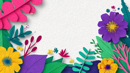 Colorful paper cut-out illustration of a floral border with a white background, bright colors. Copy space text. Invitation, greeting, banner or poster. 