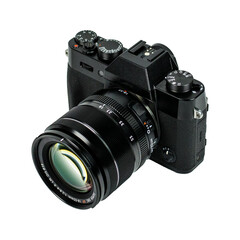 Black mirrorless DSLR camera with long lens
