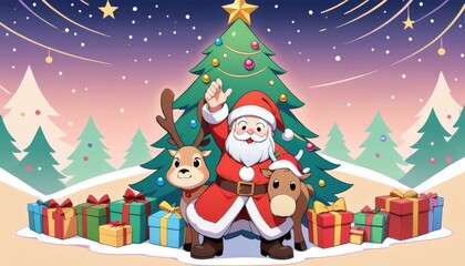 An illustration shows a figure in red with furry trim, next to two creatures with antlers, with a tree behind them. Wrapped presents are in the foreground. Stars, snow, and streaks are in the sky