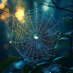 Macro lens setup photographing dewdrops on spider web, natural light filtering through forest canopy, camera stabilized on mini tripod, morning mist, extreme close-up detail