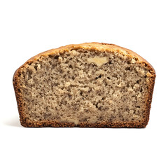 A thick slice of banana bread with a golden brown crust, soft crumb, and visible banana chunks