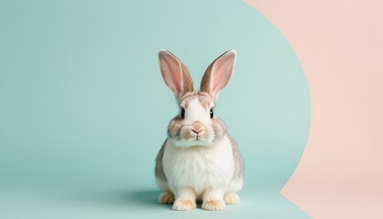 The image shows a rabbit. The background is a pastel color.