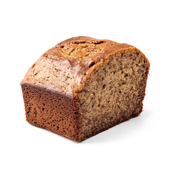 A thick slice of banana bread with a moist crumb, deep golden-brown crust, and visible flecks of ripe banana