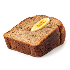 A thick slice of banana bread with a moist crumb, rich banana flavor, and visible chunks of banana