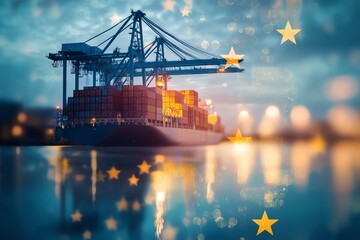 Obraz premium A cargo ship docked at a port, illuminated at night with a European backdrop.