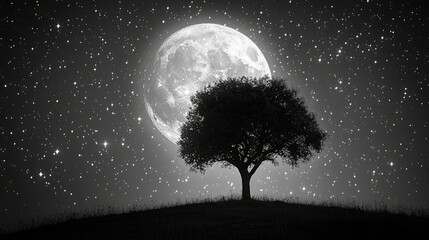 Free an enchanting black-and-white photo of the full moon against a starry sky. Stock Photo