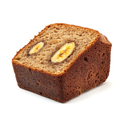 A thick slice of banana bread with golden brown crust, soft crumb, and visible banana pieces
