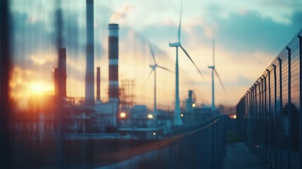 Obraz premium Industrial landscape at sunset with wind turbines and smokestacks silhouetted.