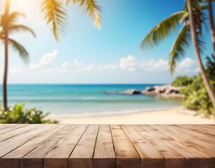 Wooden Tabletop with Blurred Tropical Beach Background
