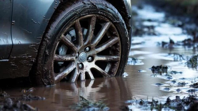 The car's wheel got stuck in the mud.