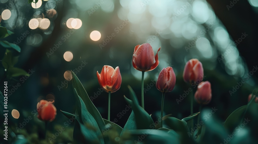 Poster macro view of tulips in various stages of bloom in a springtime garden, framed with natural foliage 