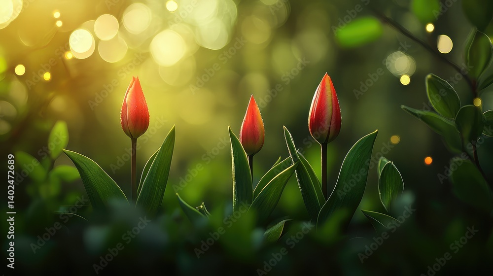 Poster macro view of tulips in various stages of bloom in a springtime garden, framed with natural foliage 