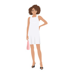 Woman stands confidently in a sleek white dress, holding a pink clutch and radiating elegance.  Flat Vector character illustration