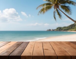 Fototapeta premium Wooden Deck Over Tropical Beach Background