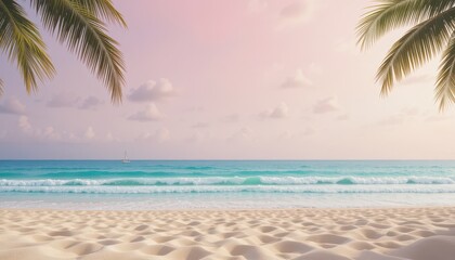 Obraz premium Ocean scene with surf, sand, palms and a sailing vessel.