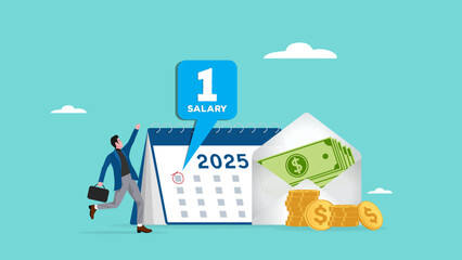 2025 monthly salary illustration, happy employee or workers receive a monthly salary, active income with salary payment concept, Payday loans monthly salary concept vector Illustration with flat style