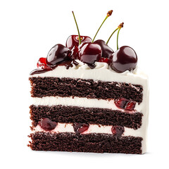 A thick slice of black forest cake with smooth whipped cream, rich chocolate cake layers, and vibrant cherries