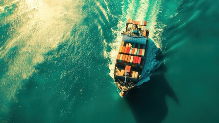 Aerial view of a large cargo ship navigating turquoise waters.