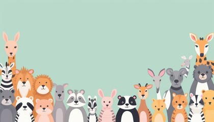 Fototapeta premium The image shows a variety of animals arranged in a row. Among the animals are bears, kangaroos, lions, a zebra, giraffes, rabbits, raccoons, an antelope, a rodent, tigers, and a panda.