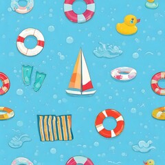 Repeating vector cartoon pattern with floating rings, pool toys, rubber ducks, beach towels, and smiling water splashes, light blue background, summer fun theme

