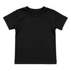A plain black short-sleeve t-shirt for children, featuring a round neckline and a button detail on one shoulder. Short sleeve tshirt mockup for clothing brand.