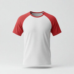 A plain white T-shirt with red raglan sleeves on a light gray background. Blank white raglan tee shirt mockup for clothing brand. Tshirt mockup template.