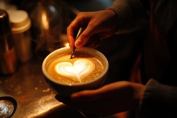 A barista carefully crafting a heart-shaped latte art in a cozy cafe setting.