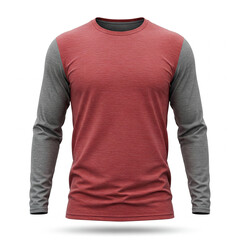 A red and gray long-sleeve crew neck shirt with a simple, casual design. Long sleeve raglan tshirt for clothing brand mockup template.