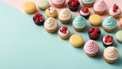 Obraz premium Assorted cupcakes and glazed pastries lie on a split color background. Some have a swirl of frosting. Others are topped with berries.