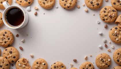 The image shows a cup of beverage and assortment of baked goods.