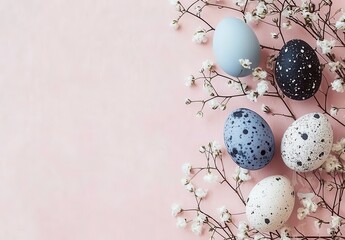Fototapeta premium Stylish easter eggs and spring flowers border on pink paper flat lay space for text Modern natural dyed blue and marble easter eggs Happy Easter Greeting card template.