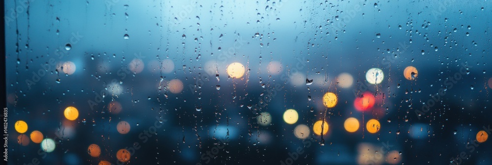 Aufkleber raindrops on a foggy window create a nostalgic atmosphere with blurred city lights at night