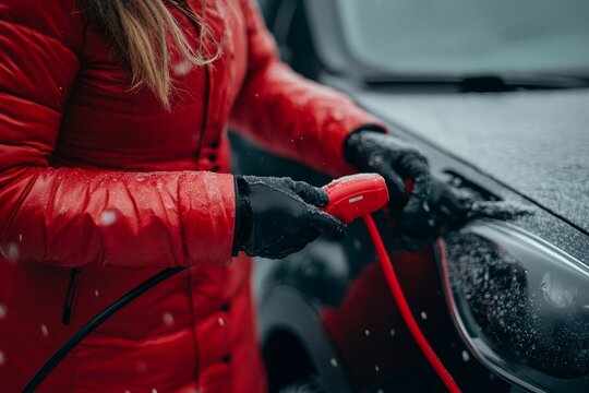 Car Repair and maintenance concept. Woman holding red and black battery cable for charging the broken car, closeup shot, Generative AI