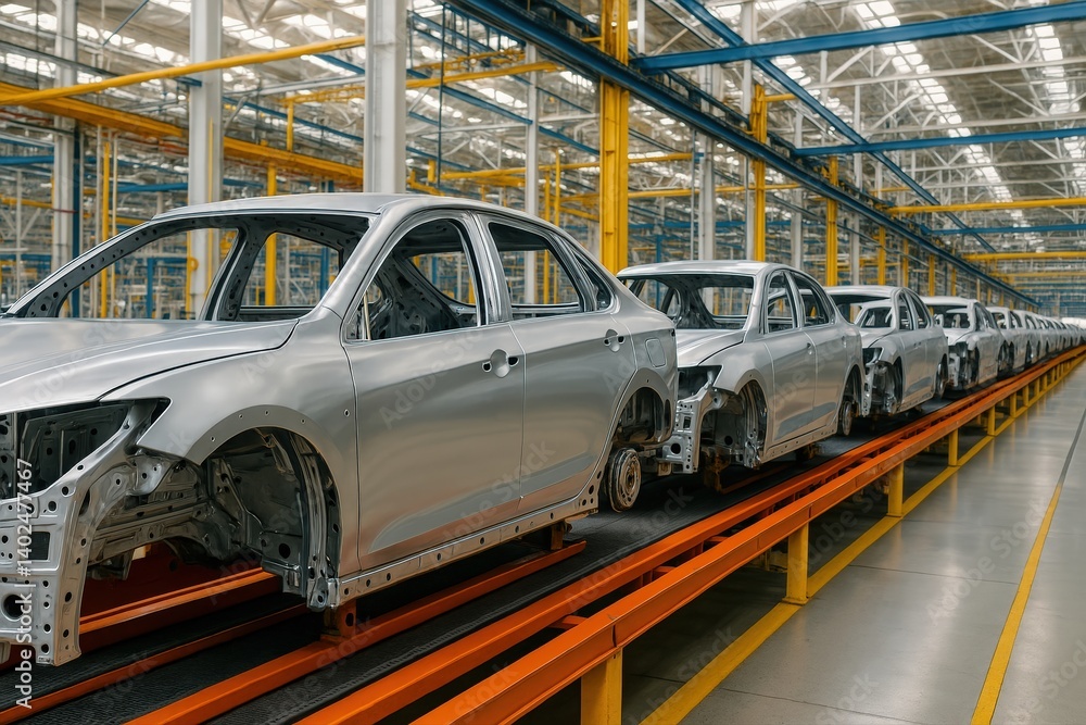 Poster automobile production line showing silver car bodies moving through modern automated assembly proces