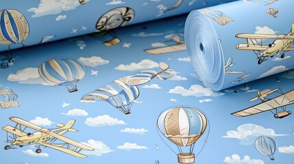 Light blue wallpaper with vintage hot air balloons and airplanes. A child's room design